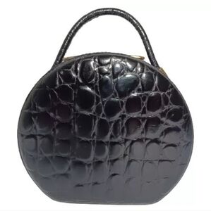 Maleci Italian Moc Croc Leather Cosmetic Jewelry Hat Box Hand Bag With Mirror